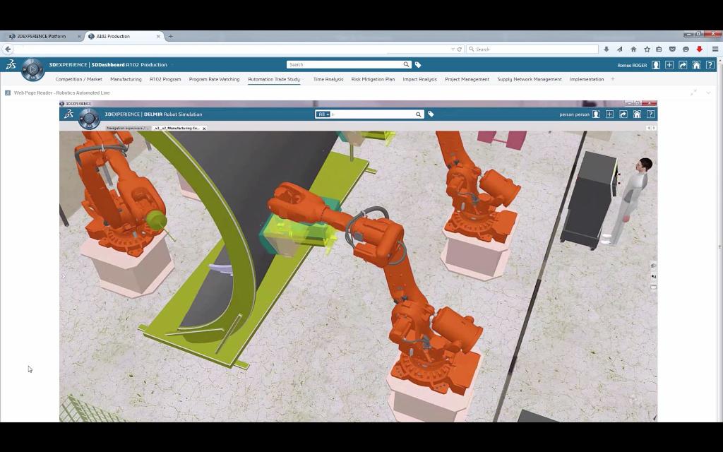  3DEXPERIENCE screenshot of a flexibility work cell with robotics for multiple products