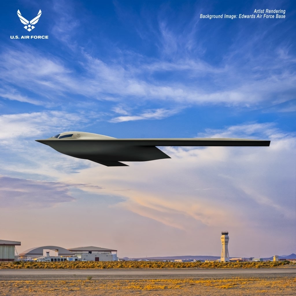 The B-21 with Edwards Air Force Base as the backdrop