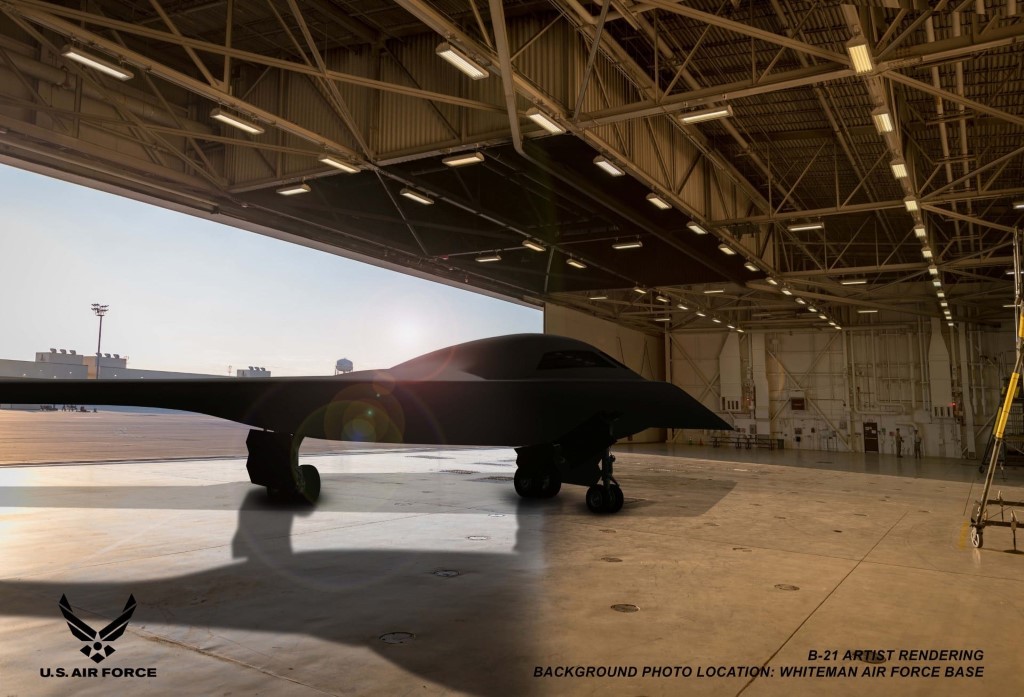 A rendering of the B-21 in a hangar at Whiteman, Air Force Base, Missouri, one of the future bases to host the new airframe