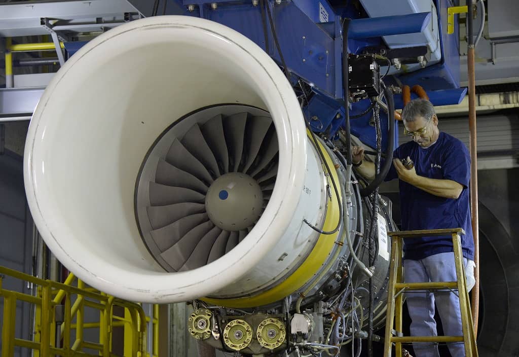 A Rolls-Royce AE 3007 jet engine prepared for testing at the company's facilities in Indianapolis