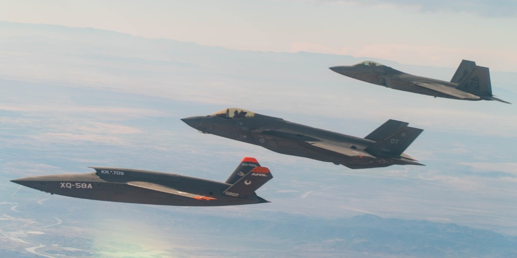 The Kratos XQ-58 teaming with an F-35 and F-22