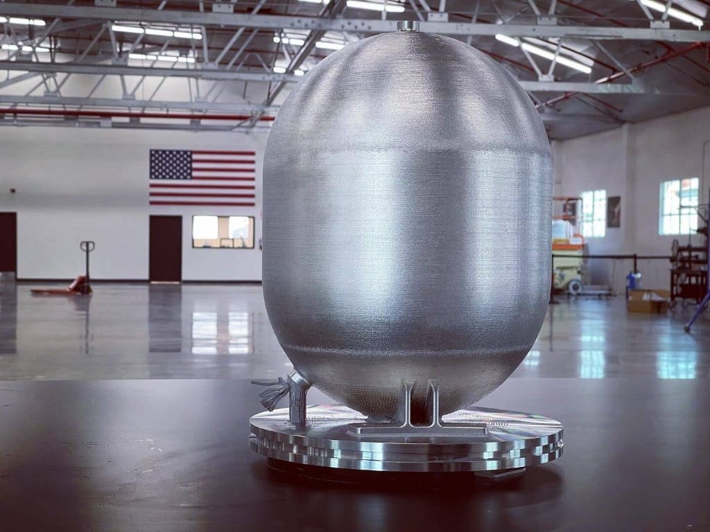 Launcher’s orbiter propellant tank printed out of Inconel using its first Velo3d Sapphire printer.