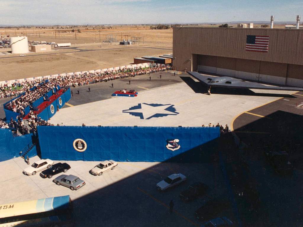 The B-2 stealth bomber was publicly rolled out in 1988 at USAF Plant 42 in Palmdale, California