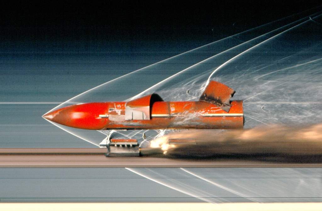 A penetrating payload speeds down the Holloman High Speed Test Track at Holloman Air Force Base during impact testing. The test track is operated by the 846th Test Squadron, whose work aids development of hypersonic technology. Image: USAF