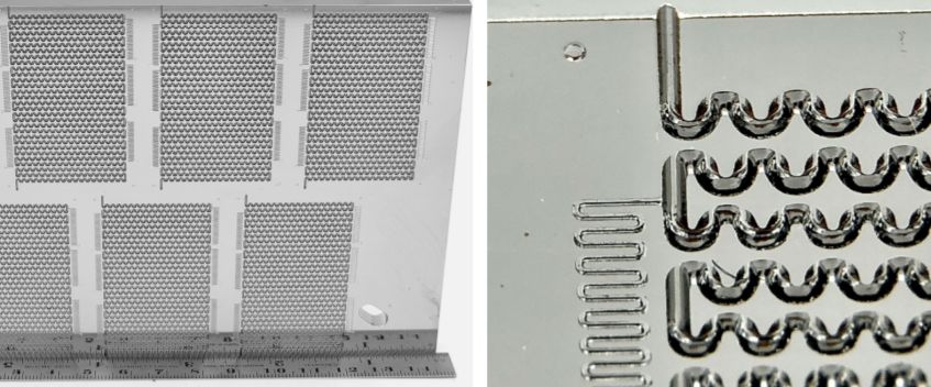 An example of PECM’s microchannel capabilities. Stainless steel with 0.15mm wide x 0.15mm deep channels
