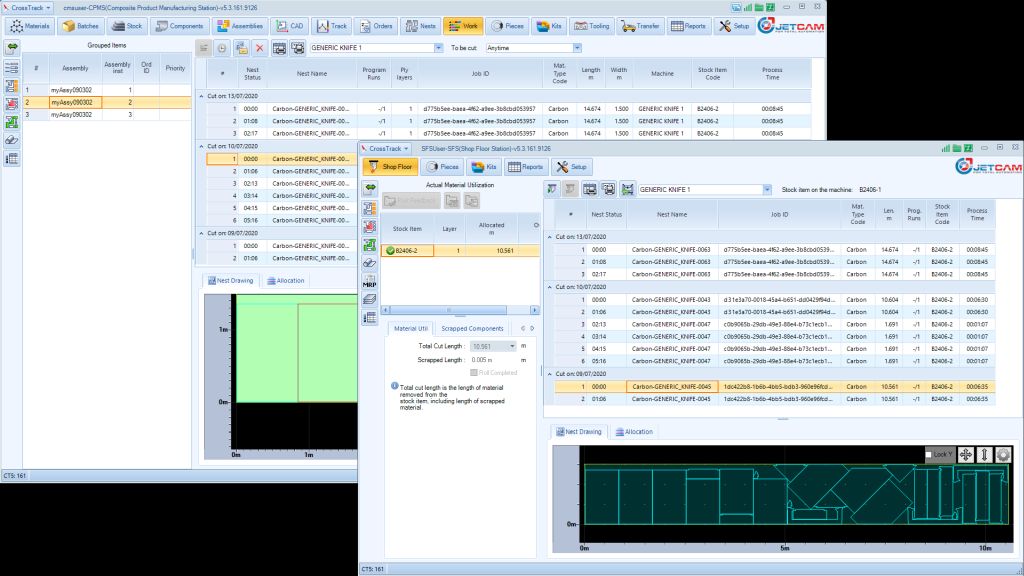 JETCAM’s CrossTrack software help resolve the issue of managing orders, materials, nests, parts/plies and kits