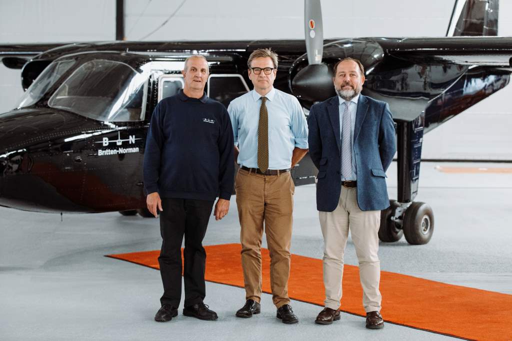 L-R: Pete Dowers, new production manager, Bob Seely, MP for Isle of Wight and William Hynett, CEO of Britten-Norman