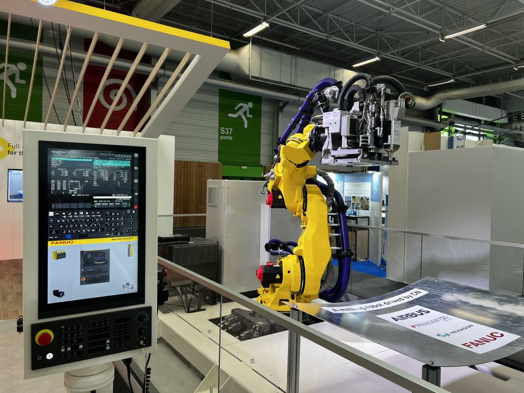 A FANUC robot and CNC control used for an aerospace milling application